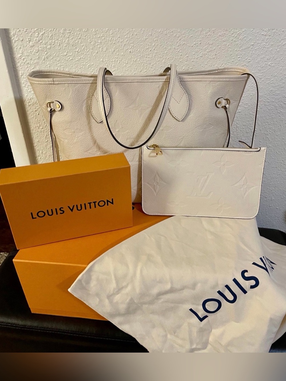 Louis Vuitton Creme Embossed Leather Neverfull Tote with Pouch